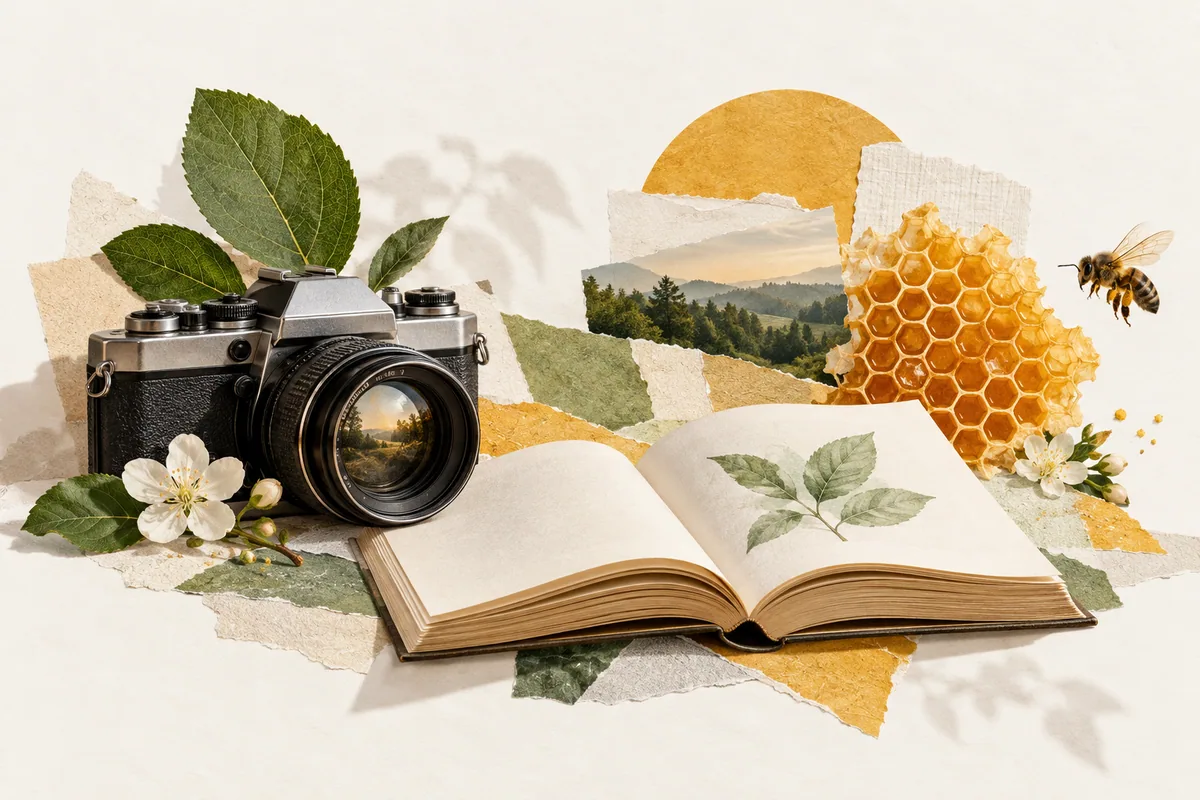 Illustration of a camera, a book, nature, honeycomb, and a bee.